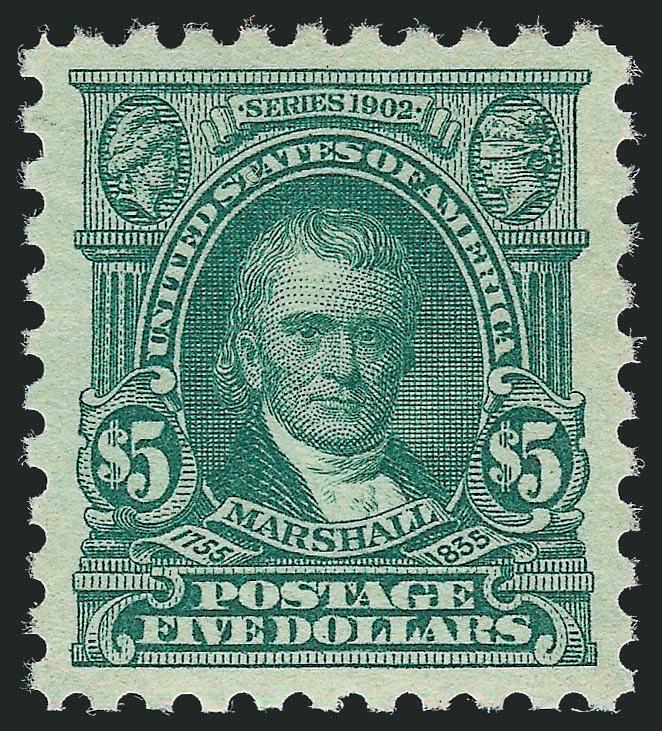 $5.00 Light Green (480).> Mint N.H., deep rich color, post-office fresh paper and gum, perfectly centered with wide and balanced margins all around<><>^EXTREMELY FINE GEM. A STUNNING MINT NEVER-HINGED EXAMPLE
OF THE $5.00 PERF 10 MARSHALL ISSUE GRA