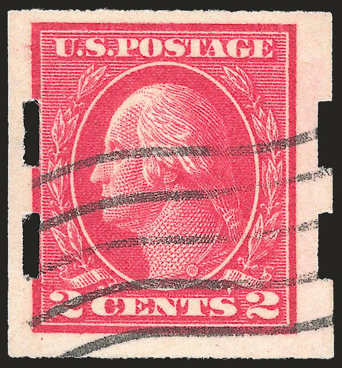2c Deep Rose, Ty. Ia, Imperforate (482A).> Deep rich color on bright white paper, <full Schermack perforations on both sides> with those at left completely intact, neat machine cancel, wide margins, completely
sound<><>^EXTREMELY FINE. THIS IS EASI