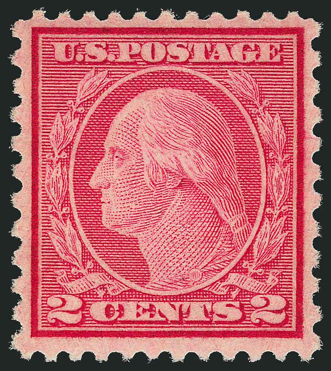 2c Carmine Rose, Ty. II, Rotary Perf 11 x 10 (539).> Mint N.H., incredible deep rich color and proof-like impression, wide balanced margins<><>^VERY FINE AND CHOICE. A BEAUTIFUL MINT NEVER-HINGED EXAMPLE OF
THIS RARE ROTARY-PRESS COIL WASTE ISSUE.