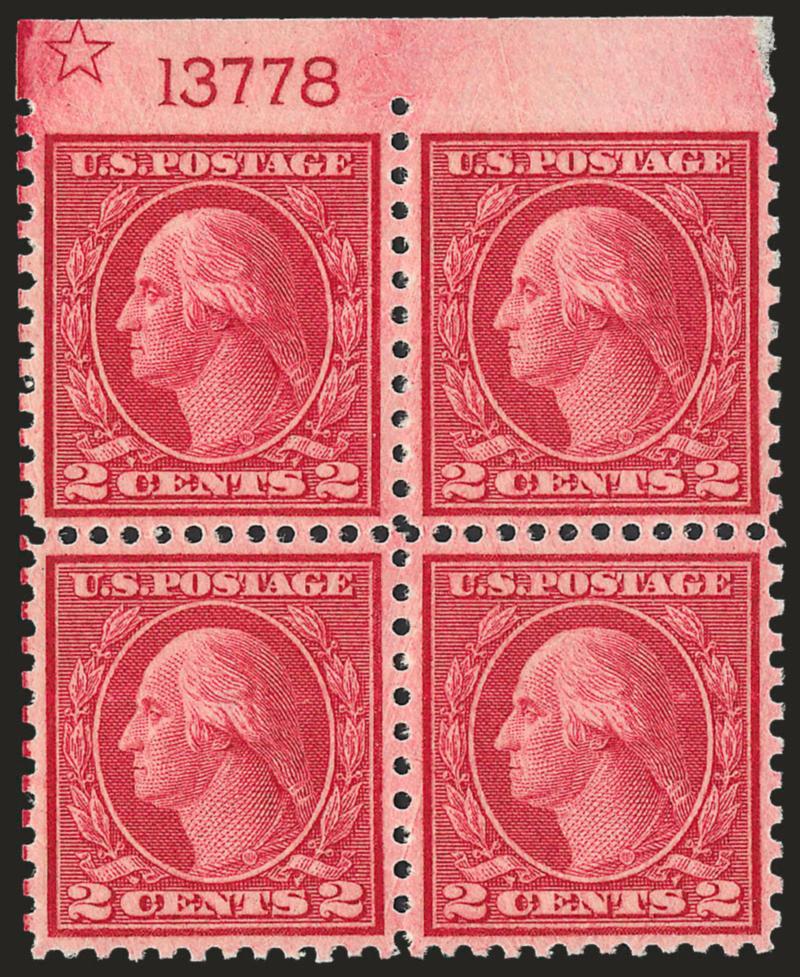 2c Carmine Rose, Ty. III, Rotary Perf 11 x 10 (540).> Mint N.H. <plate no. 13778 and hollow star> block of four with <imperforate top margin,> intense color, choice centering, Extremely Fine, with 2000 P.F.
certificate, Scott Retail as normal star pl