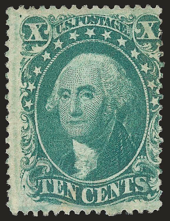 10c Green, Ty. IV (34).> Position 74L1, recut at top, part original gum, pretty shade but with light stains at bottom, centered to right<><>^VERY GOOD APPEARANCE. THE 1857 10-CENT TYPE IV IS ONE OF THE RAREST
CLASSIC UNITED STATES ISSUES TO FIND IN