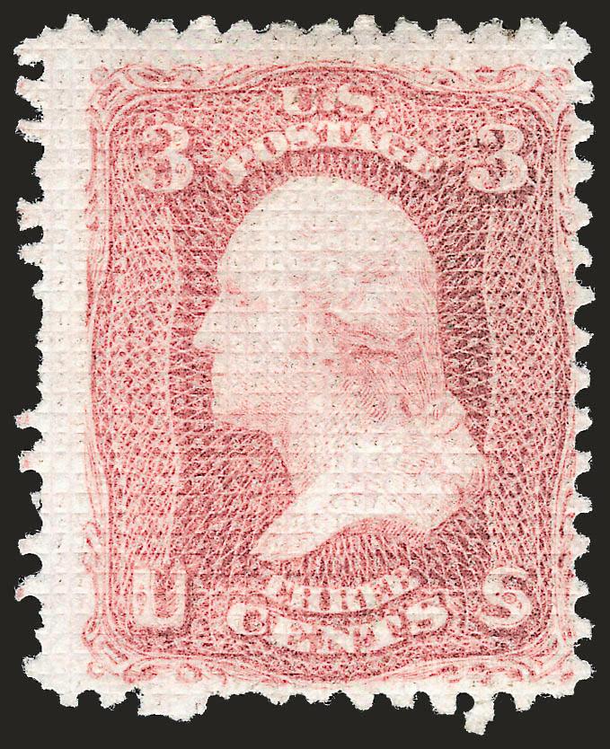 3c Rose, A. Grill (79).> Original gum, h.r. at top, clear grill which covers the entire stamp and with most perforations intact, rich color<><>^FINE. A RARE ORIGINAL-GUM EXAMPLE OF THE 1867 3-CENT GRILLED ALL
OVER STAMP.^<><>The experimental A Gr