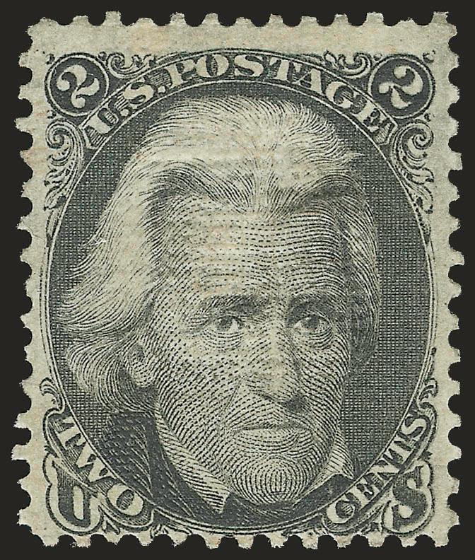 2c Black, Z. Grill (85B).> Original gum, intense shade, wide margins on three sides, well-defined grill with the characteristic Z Grill horizontal ridges<><>^FRESH AND FINE. A RARE SOUND ORIGINAL-GUM EXAMPLE OF
THE 1868 2-CENT Z GRILL.^<><>With 2