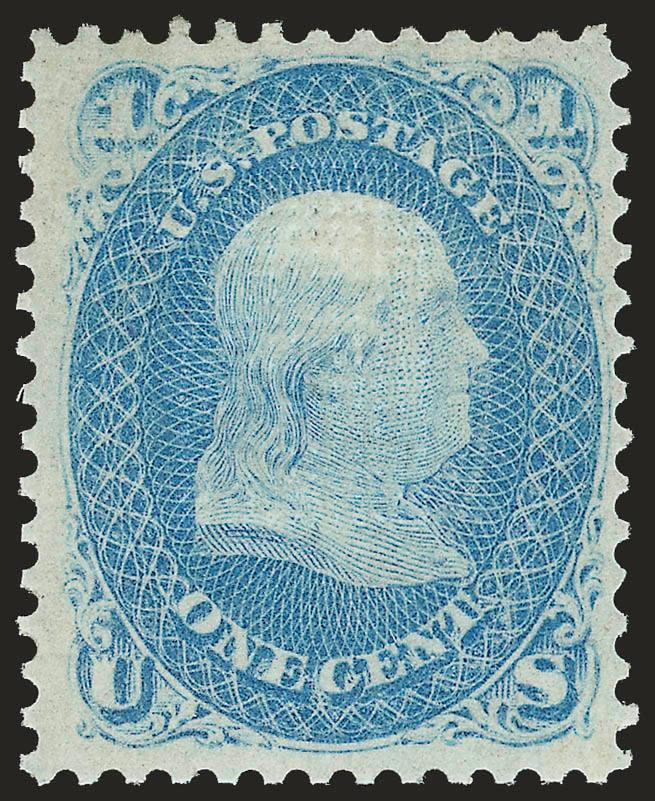 1c Blue, F. Grill (92).> Original gum, lightly hinged, fresh and bright color, choice centering with wide margins<><>^EXTREMELY FINE. THE 1868 ONE-CENT F GRILL IS AN EXCEEDINGLY DIFFICULT STAMP TO FIND IN SUCH
SOUND, WELL-CENTERED ORIGINAL-GUM COND
