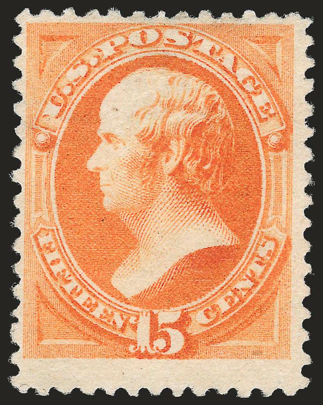 15c Orange, Special Printing (199).> Without gum as issued, radiant color, accompanying certificate notes light soiling which we have difficulty locating, small thin spot at top<><>^FINE APPEARING EXAMPLE OF
THE 15-CENT 1880 AMERICAN BANK NOTE CO