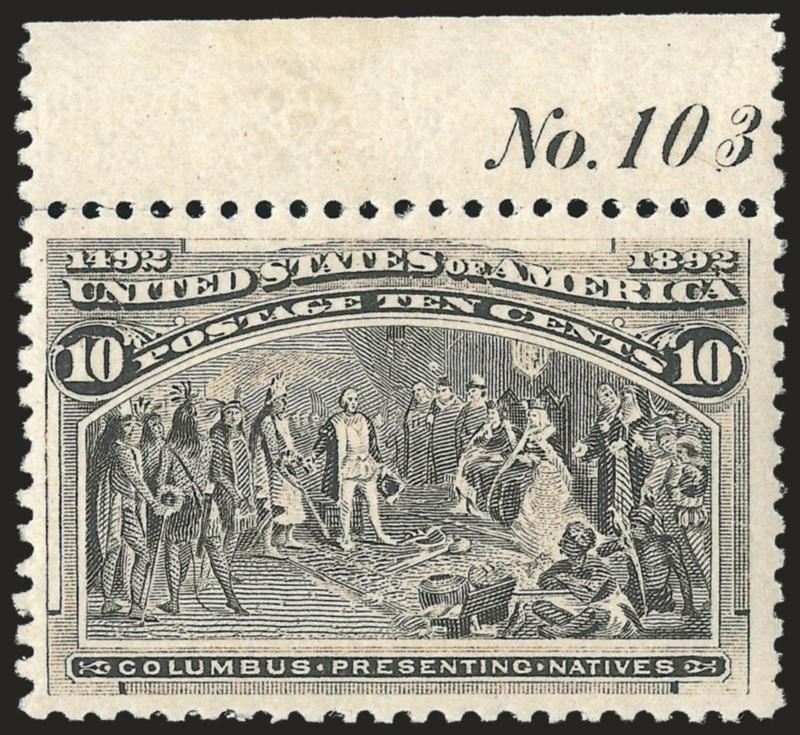 10c Columbian (237).> Mint N.H. with <plate no. 103 selvage> at top, intense shade and impression, Very Fine and choice, with 1991 P.F. certificate for pair