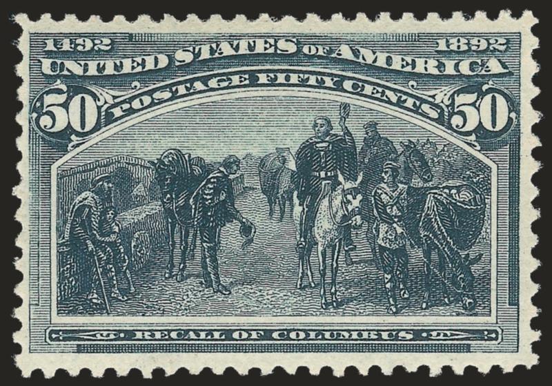 50c Columbian (240).> Original gum, barest trace of hinging (accompanying certificate states Mint N.H.), deep rich color, Fine, with 1995 P.F. certificate as Mint N.H., Scott Retail as hinged