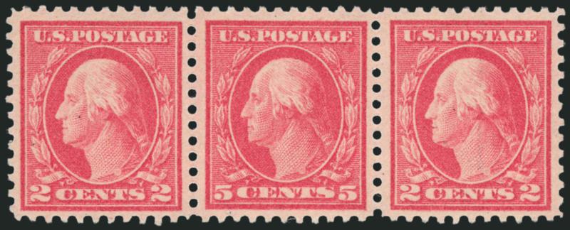 5c Rose, Error (505).> Mint N.H. single error in strip of three with two normal 2c stamps, center stamp the error, brilliant color, wide margins, Very Fine and choice