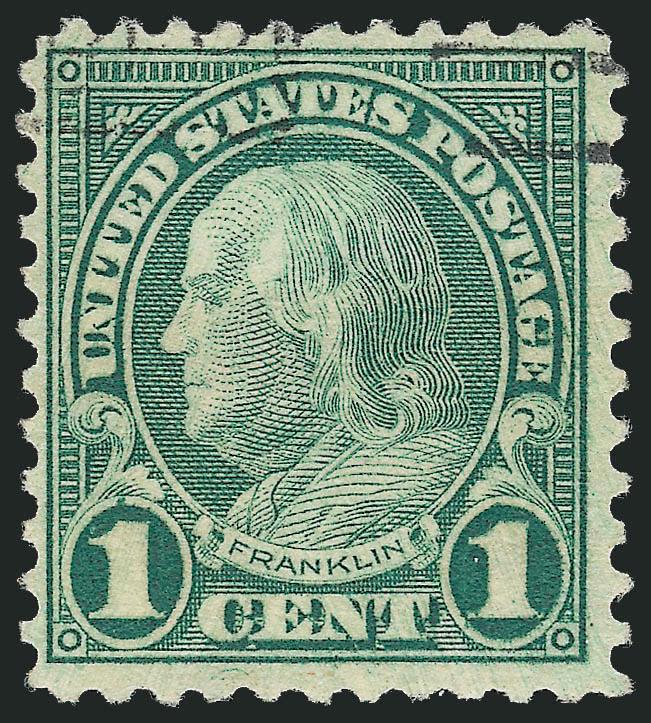 1c Green, Rotary, Perf 11 (594).> Unobtrusive strike of machine slogan cancel at top, radiant color, long full perfs all around<><>^VERY FINE AND CHOICE EXAMPLE OF SCOTT 594. ONE OF THE RAREST 20TH CENTURY
STAMPS IN SOUND AND CENTERED CONDITION.^<