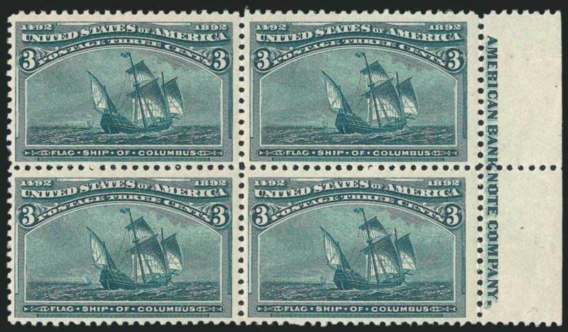 3c Columbian (232).> Block of four with right imprint selvage, h.r. in selvage, stamps Mint N.H., fresh and Fine-Very Fine