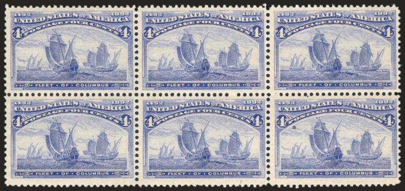 4c Columbian (233).> Mint N.H. horizontal block of six, couple minor natural inclusions (one shows on front), fresh and Fine