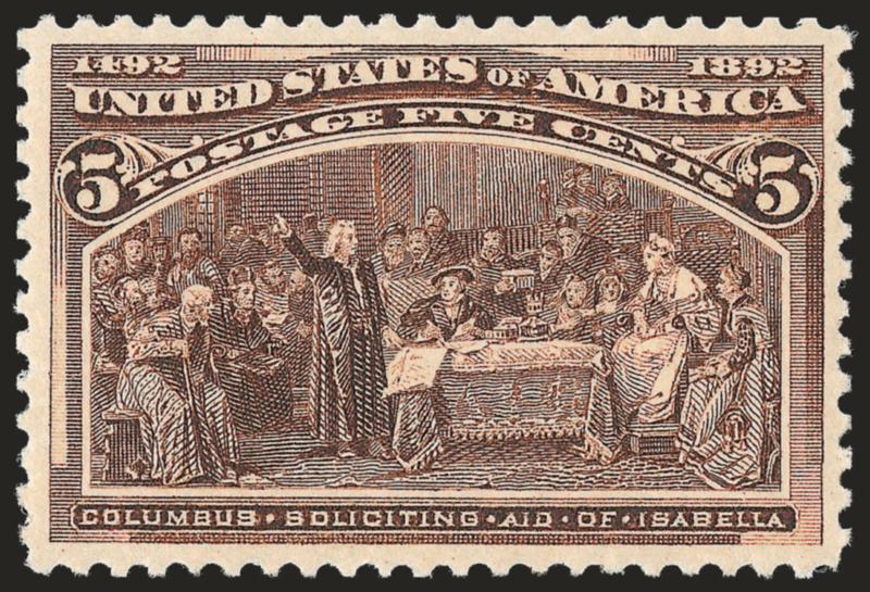 5c Columbian (234).> Mint N.H., beautifully centered, rich color, Extremely Fine, with 2007 P.S.E. certificate (XF 90 SMQ $375.00)