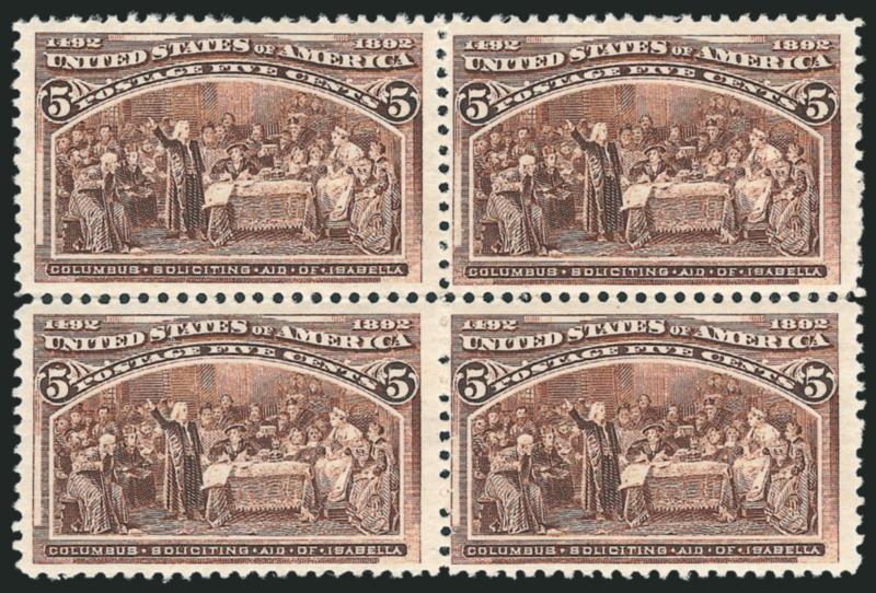 5c Columbian (234).> Block of four, top pair h.r., bottom pair Mint N.H., rich color, Fine-Very Fine