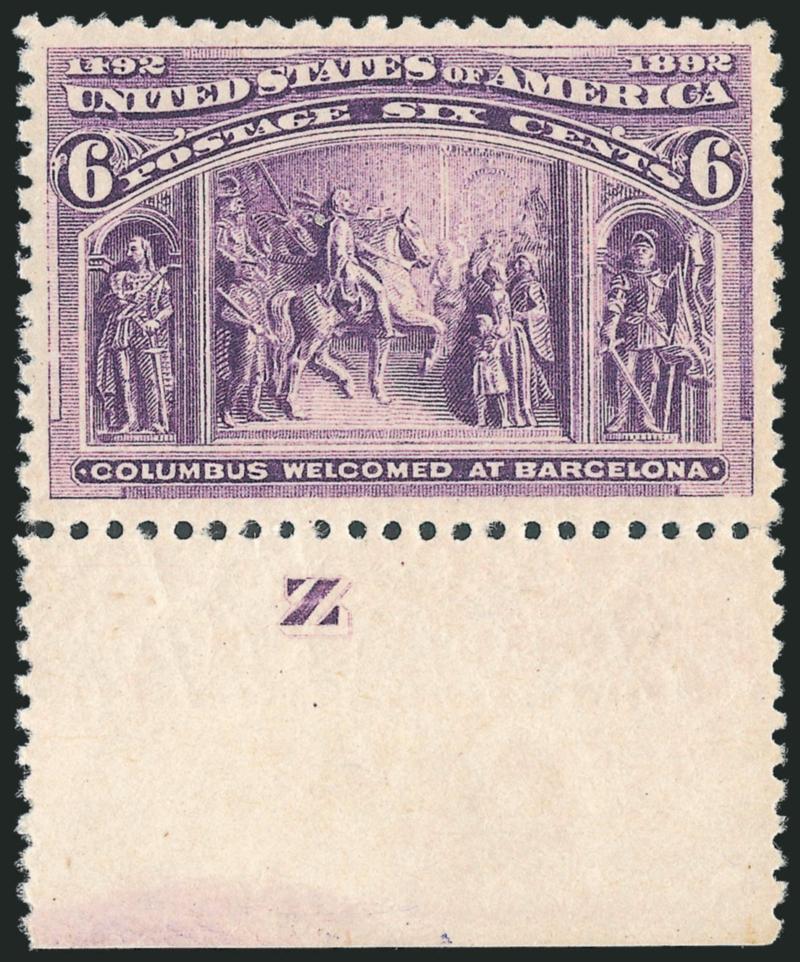 6c Columbian (235).> Mint N.H. with bottom Z imprint selvage, uncommonly wide margins and choice centering, gorgeous pastel color, Extremely Fine, with 2008 P.S.E. certificate (XF 90 SMQ $340.00)