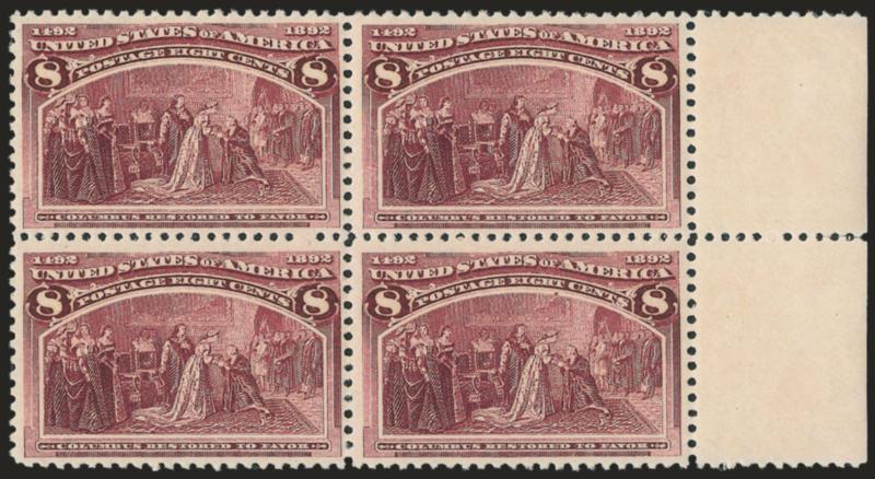 8c Columbian (236).> Mint N.H. block of four with right selvage, fresh and crisp, marvelous color, Fine-Very Fine, Scott Retail as four Mint N.H. singles