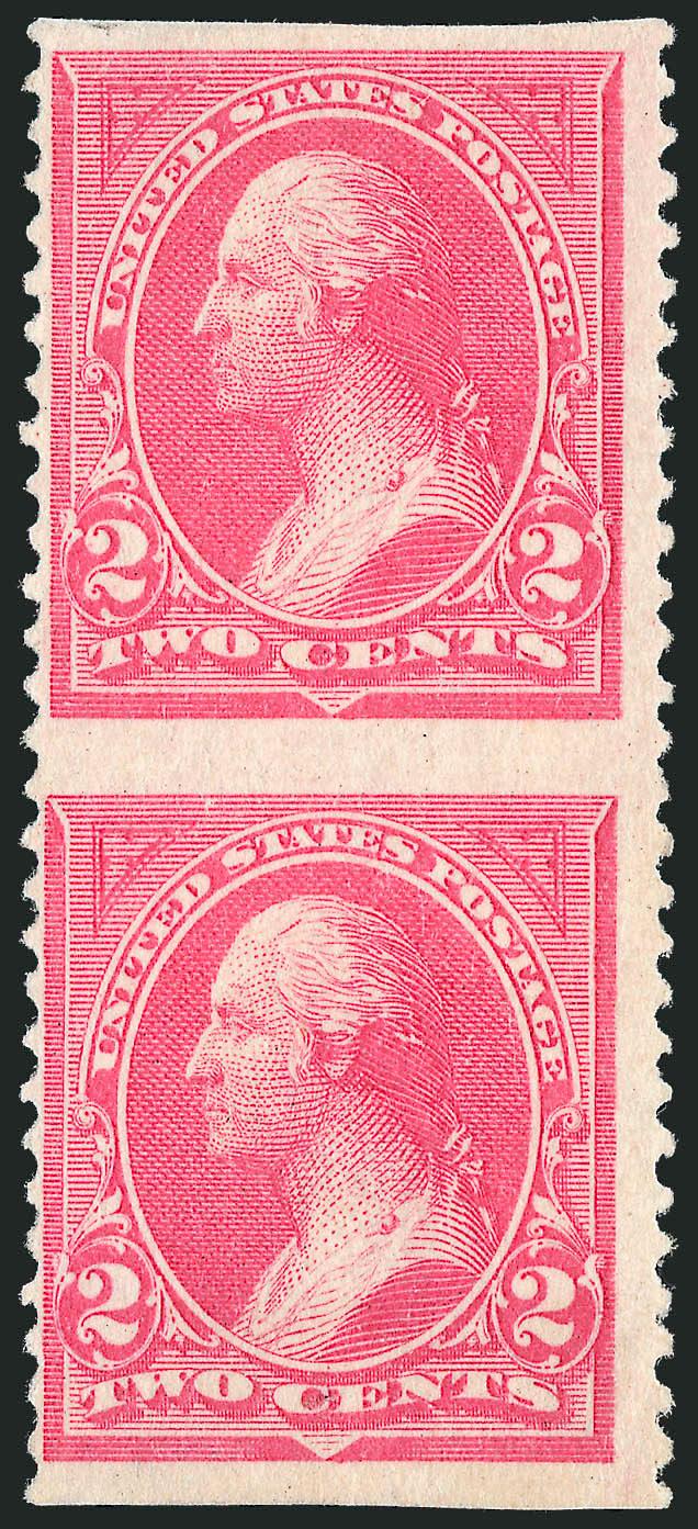 2c Pink, Vertical Pair, Imperforate Horizontally (248a).> Original gum, lightly hinged, fresh, bright color, small and faint corner crease at bottom right<><>^ FINE. A VERY IMPORTANT 1894 BUREAU ISSUE
RARITY.^<><>Reportedly there are only eight p