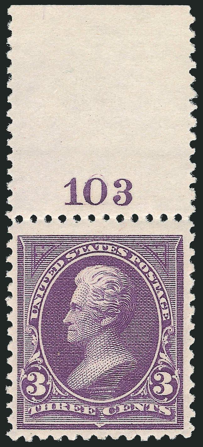 3c Purple (253).> Mint N.H. with wide top <plate no. 103 selvage>, rich color on bright white paper, choice centering, fresh and Extremely Fine, a beautiful stamp, with 1996 P.F. and 2005 P.S.E. certificates
(XF 90 SMQ $890.00)