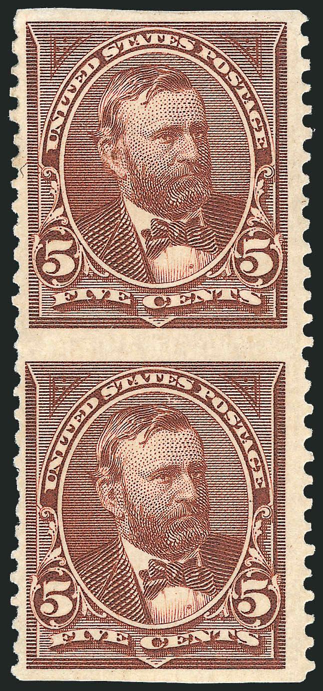 5c Chocolate, Vertical Pair, Imperforate Horizontally (255c).> Original gum, deep rich color, natural gum bend and couple short perfs at left not mentioned on accompanying certificate, Fine-Very Fine appearing
example of this error which is believed