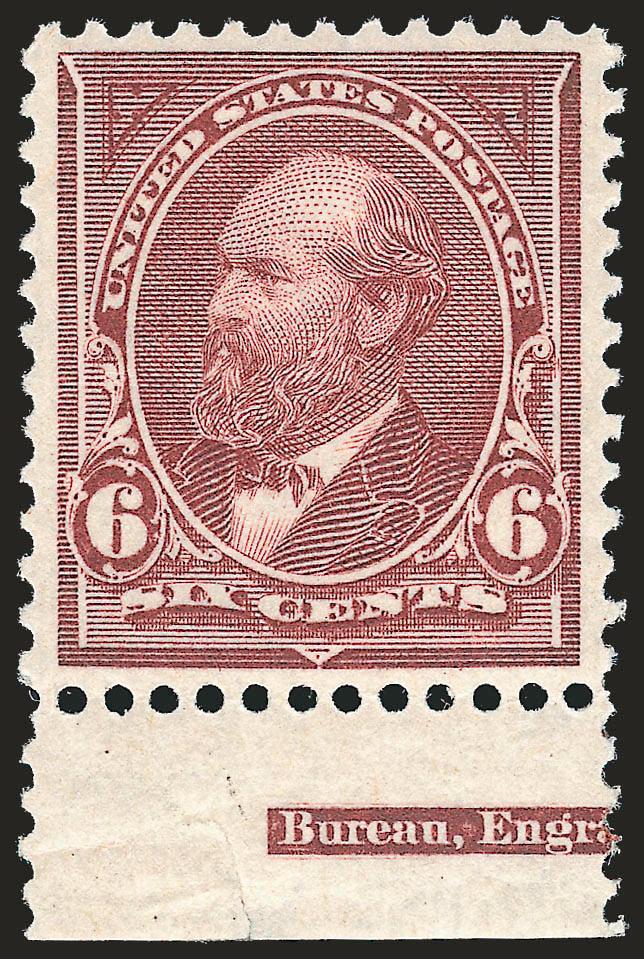 6c Dull Brown (256).> Mint N.H. with bottom <part imprint> selvage, fresh and bright, beautifully centered, Extremely Fine, a very difficult stamp to find in such choice condition, with 2008 P.S.E. certificate
(XF 90 SMQ $1,200.00)
