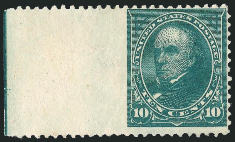 10c Dark Green, Imperforate Between Selvage and Stamp (258 var).> Left margin single with huge sheet margin, redistributed original gum, rich color, few thin spots, otherwise Fine, very unusual item and
unlisted in Scott, with 2001 P.F. certificate