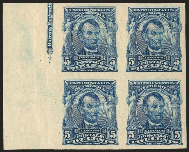 5c Blue, Imperforate (315).> Block of four, bottom left stamp Mint N.H., others lightly hinged, large to huge margins incl. <part imprint> at left, Very Fine and choice, Scott Retail with no premium for the
Mint N.H. stamp or the part imprint