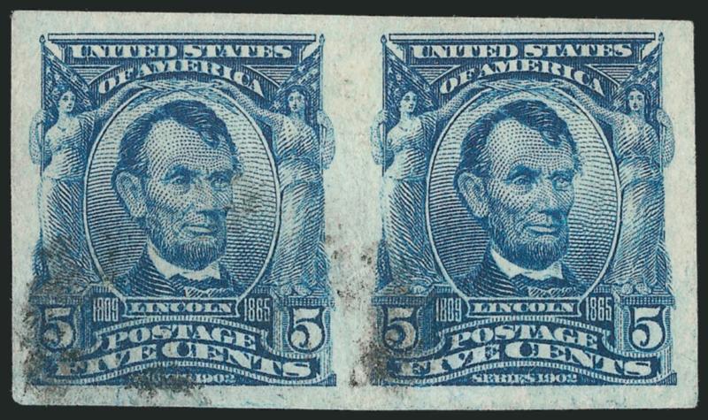 5c Blue, Imperforate (315).> Horizontal pair, large to huge margins, splotchy black cork cancels, Extremely Fine, with 2008 P.S.E. certificate which states ...with a cancel of unknown origin. suggesting the
cancel, in their opinion, is genuine