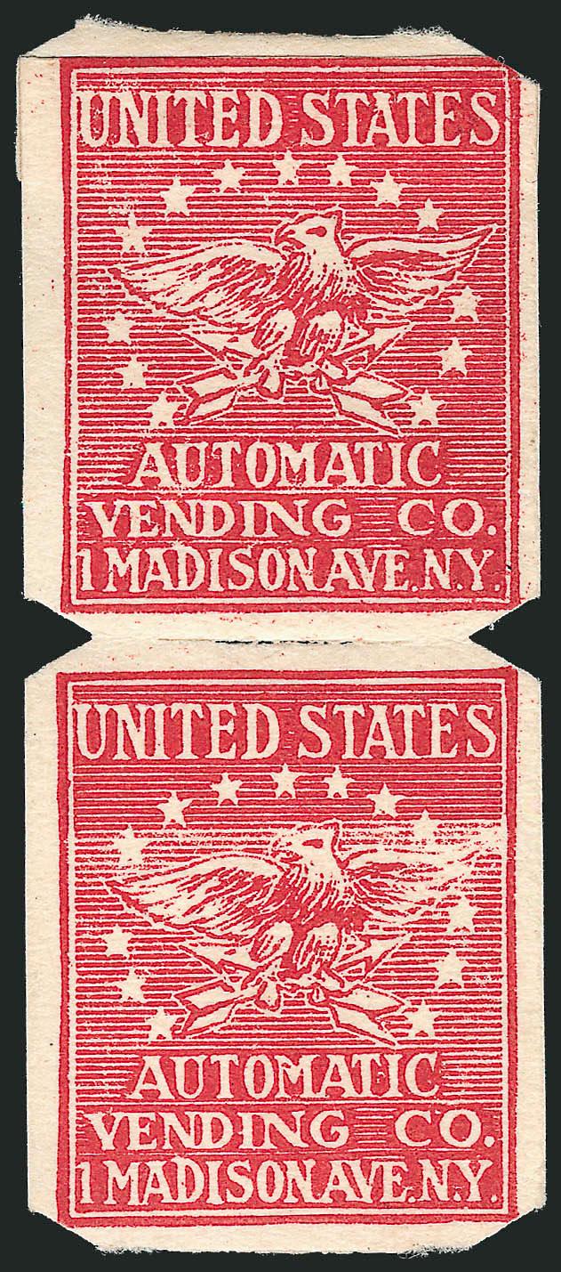 U.S. Automatic Vending Machine Co., [no denomination] Type IA, Test (Unlisted).> Pair, 15.5mm spacing between holes, paste-up at top, bright color, Very Fine, scarce