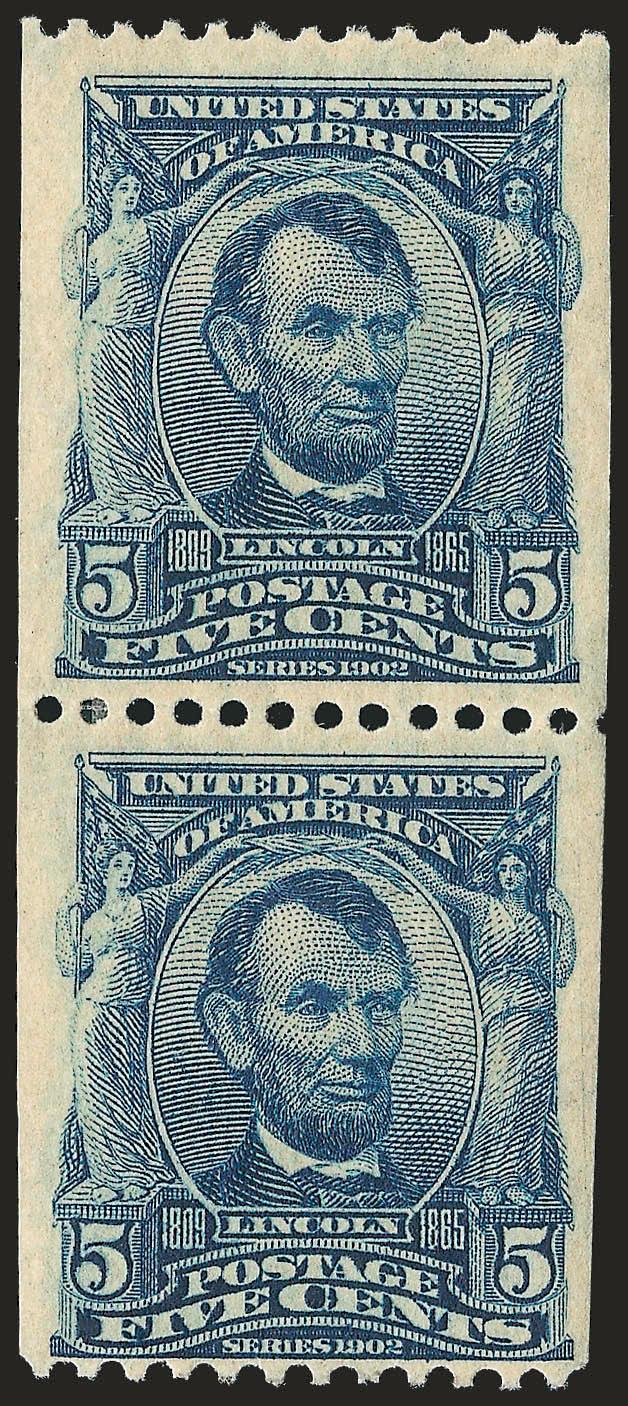 5c Blue, Coil (317).> Pair, deep rich color, insignificant adherence at bottom, the top stamp is a wide-margined Gem<><>^FRESH AND VERY FINE PAIR OF THE RARE 5-CENT 1908 VERTICAL COIL.^<><>With 1967 P.F.
certificate