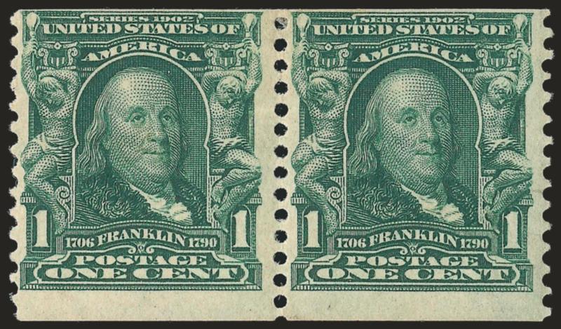 1c Blue Green, Coil (318).> Pair, fresh, deep rich color, centered to top but clear<><>^FINE. A RARE AND DESIRABLE ONE-CENT 1908 HORIZONTAL COIL.^<><>Ward backstamps. With 1939 A.P.S. certificate