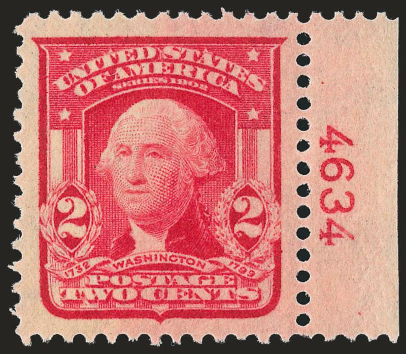 2c Carmine, Ty. I (319).> Mint N.H. with <right plate no. 4634 selvage,> mathematically precise centering with Jumbo margins, brilliant color on post-office fresh paper<><>^EXTREMELY FINE GEM. THIS STUNNING
MINT NEVER-HINGED EXAMPLE OF THE 2-CENT S